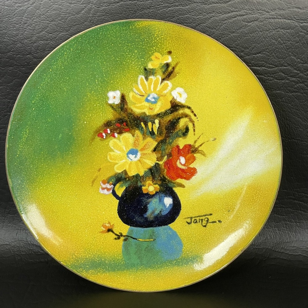 Mid Century Modern Hand Painted Enamel On Copper Dish Signed Jang 5 1/8"